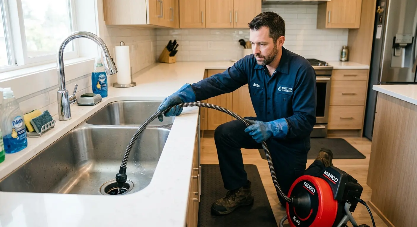 Drain cleaning technician using a motorized snake on a kitchen sink in Willingboro