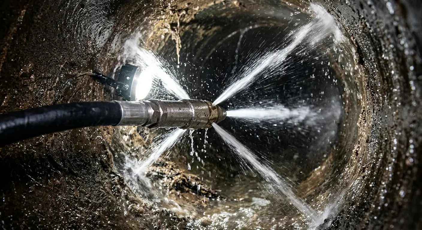 High-pressure hydro jetting nozzle cleaning sewer pipe for Trenchless Sewer Repair in Willingboro