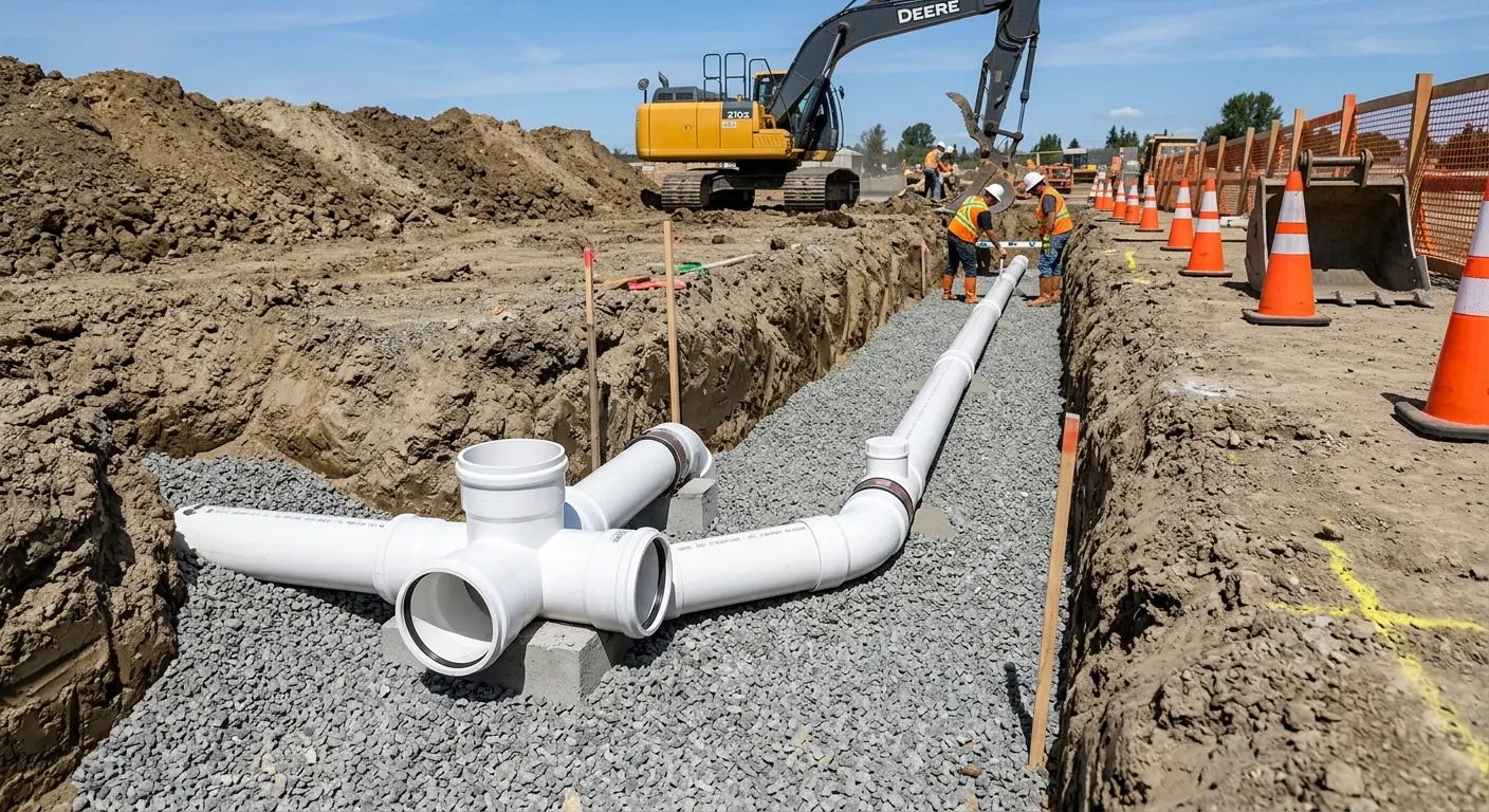 New PVC sewer pipe installation in open trench for Grease Trap Cleaning in Willingboro