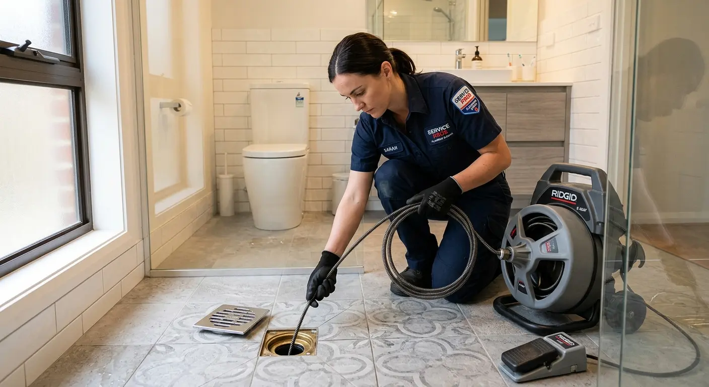 Technician clearing a bathroom floor drain for Sewer Line Replacement in Willingboro